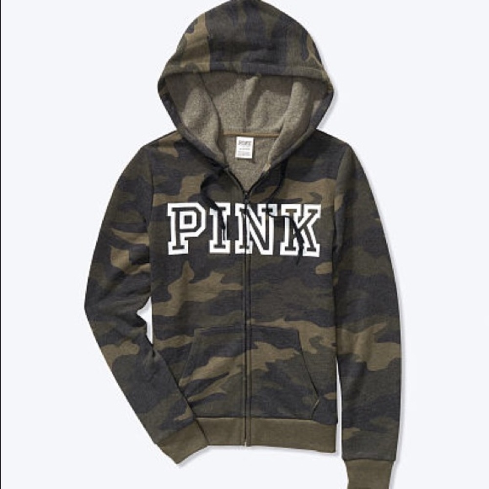 🚫SOLD🚫💕VS PINK GREEN CAMO WHITE FULL ZIP HOODIE - Picture 2 of 6
